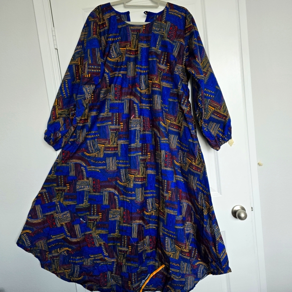 Elegant African Print Blue Patterned Dress Flayed Long Sleeve XL Dress